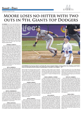 Moore Loses No-Hitter with Two Outs in 9Th, Giants Top Dodgers