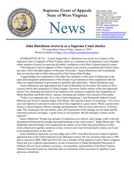 John Hutchison Sworn in As a Supreme Court Justice for Immediate Release Friday, January 4, 2019 Photos Available On