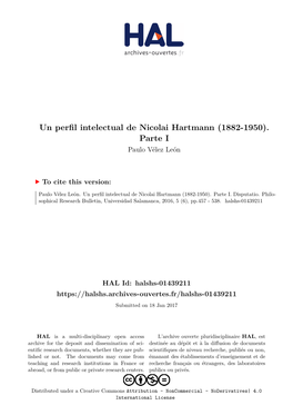 Un Perfil Intelectual De Nicolai Hartmann (1882-1950)