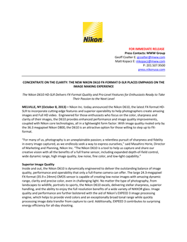 FOR IMMEDIATE RELEASE Press Contacts: MWW Group Geoff Coalter E: Gcoalter@Mww.Com Matt Kopacz E: Mkopacz@Mww.Com P: 201.507.9500 Press.Nikonusa.Com