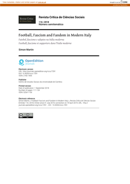 Football, Fascism and Fandom in Modern Italy Futebol, Fascismo E Adeptos Na Itália Moderna Football, Fascisme Et Supporters Dans L’Italie Moderne