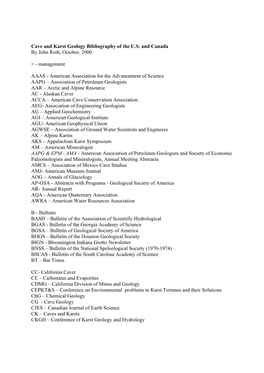 Cave and Karst Geology Bibliography of the U.S. and Canada by John Roth, October, 2000 &gt;