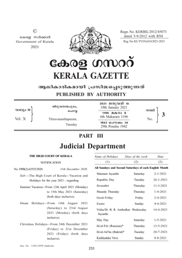 HIGH COURT of KERALA Name of Holidays Days of the Week Date NOTIFICATION (1) (2) (3)