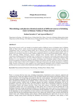 Microbiology and Physico-Chemical Analysis of Different Sources of Drinking Water in Dahanu Taluka of Thane District