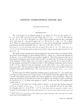 Andrew Granville Introduction for A, B Subsets of an Additive Group Z, We