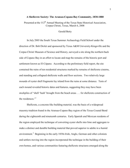 A Shellcrete Society: the Aransas-Copano Bay Community, 1830-1880