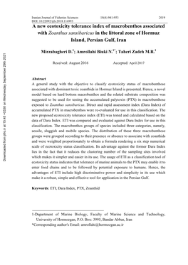 A New Ecotoxicity Tolerance Index of Macrobenthos Associated with Zoanthus Sansibaricus in the Littoral Zone of Hormuz Island, Persian Gulf, Iran