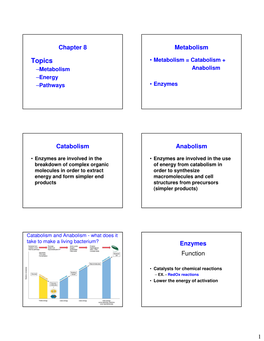 Topics • Metabolism = Catabolism + –Metabolism Anabolism –Energy –Pathways • Enzymes