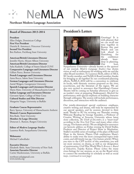 Nemla News Summer 2013 Northeast Modern Language Association