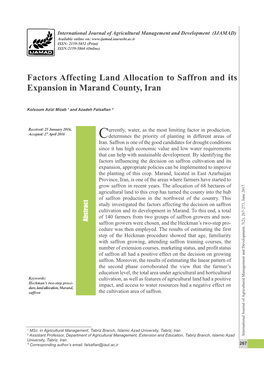 Factors Affecting Land Allocation to Saffron and Its Expansion in Marand County, Iran