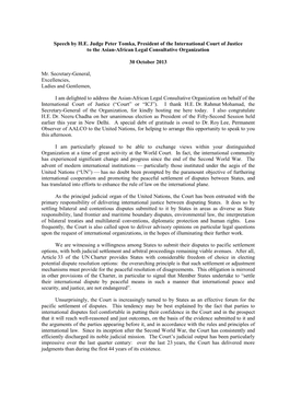 Speech by H.E. Judge Peter Tomka, President of the International Court of Justice to the Asian-African Legal Consultative Organization