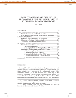 Truth Commissions and the Limits of Restorative Justice: Lessons Learned in South Africa’S Cradock Four Case