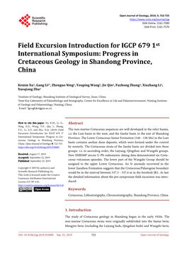 Progress in Cretaceous Geology in Shandong Province, China