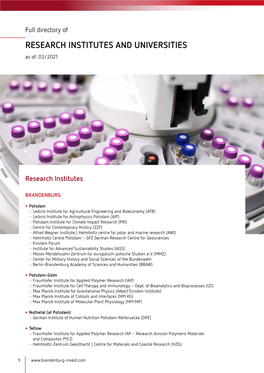 RESEARCH INSTITUTES and UNIVERSITIES As Of: 03/2021