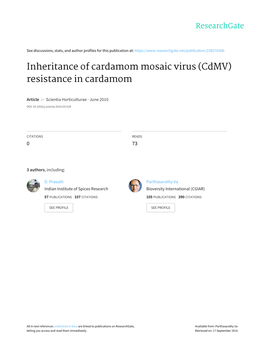 Inheritance of Cardamom Mosaic Virus (Cdmv) Resistance in Cardamom