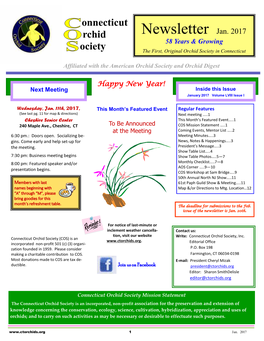 Newsletter Jan. 2017 58 Years & Growing Ociety the First, Original Orchid Society in Connecticut