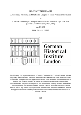 CONSTANTIN IORDACHI Aristocracy, Fascism, and the Social Origins of Mass Politics in Romania