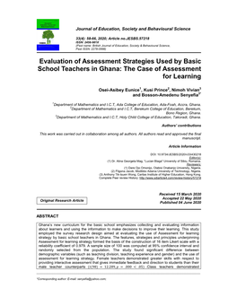 Evaluation of Assessment Strategies Used by Basic School Teachers in Ghana: the Case of Assessment for Learning