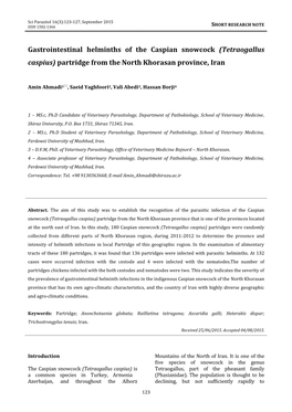 Gastrointestinal Helminths of the Caspian Snowcock (Tetraogallus Caspius) Partridge from the North Khorasan Province, Iran