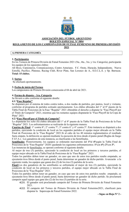 Asociación Del Fútbol Argentino Boletín Especial N° 5894 Reglamento De Los Campeonatos De Futsal Femenino De Primera División 2021