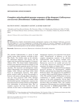 Complete Mitochondrial Genome Sequence of the Dragonet Callionymus Curvicornis (Perciformes: Callionymoidei: Callionymidae)