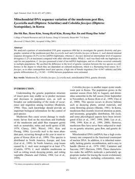 Mitochondrial DNA Sequence Variation of the Mushroom Pest Flies, Lycoriella Mali (Diptera: Sciaridae) and Coboldia Fuscipes (Diptera: Scatopsidae), in Korea