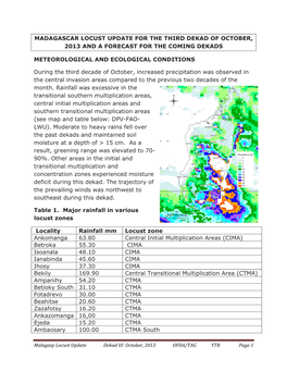 Madagascar Locust Update for the Third Dekad of October, 2013 and a Forecast for the Coming Dekads