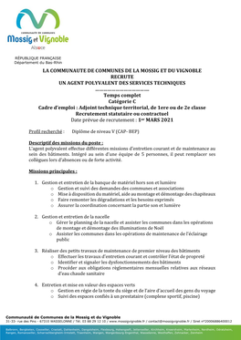 La Communaute De Communes De La Mossig Et Du Vignoble Recrute Un Agent Polyvalent Des Services Techniques …………………………………