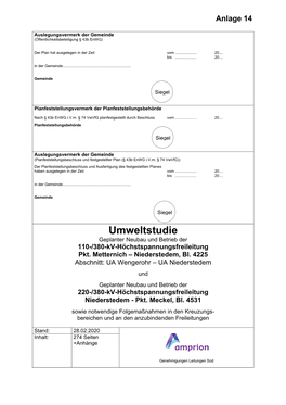 Umweltstudie Geplanter Neubau Und Betrieb Der 110-/380-Kv-Höchstspannungsfreileitung Pkt