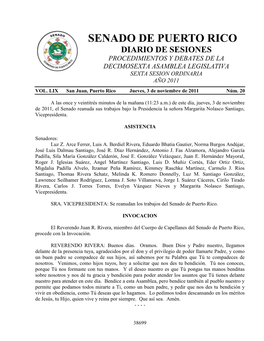 Senado De Puerto Rico Diario De Sesiones Procedimientos Y Debates De La Decimosexta Asamblea Legislativa Sexta Sesion Ordinaria Año 2011 Vol