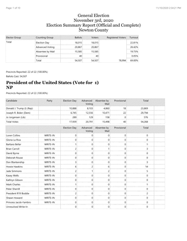 General Election November 3Rd, 2020 Election Summary Report ( Official and Complete) Newton County