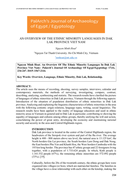An Overview of the Ethnic Minority Languages in Dak Lak Province Viet Nam Pjaee, 17 (4) (2020)