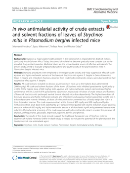 In Vivo Antimalarial Activity of Crude Extracts and Solvent Fractions of Leaves of Strychnos Mitis in Plasmodium Berghei Infecte