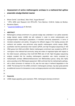 Assessment of Active Methanogenic Archaea in a Methanol-Fed Upflow 2 Anaerobic Sludge Blanket Reactor 3