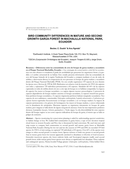 Bird Community Differences in Mature and Second Growth Garúa Forest in Machalilla National Park, Ecuador