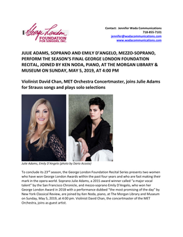 Julie Adams, Soprano and Emily D'angelo, Mezzo‐Soprano, Perform the Season's Final George London Foundation