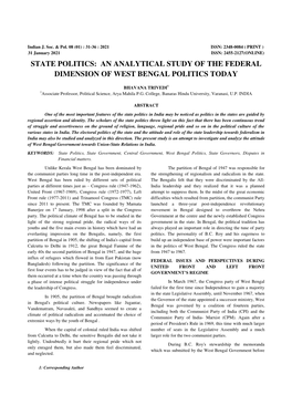 State Politics: an Analytical Study of the Federal Dimension of West Bengal Politics Today