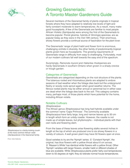 Growing Gesneriads: a Toronto Master Gardeners Guide