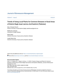 Trends of Using Local Plants for Common Diseases in Rural Areas of District Bagh Azad Jammu and Kashmir (Pakistan)