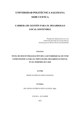 Nivel De Descentralización Del Gad Parroquial De Turi Como Política Para El Impulso Del Desarrollo Social En El Período 2017-2020