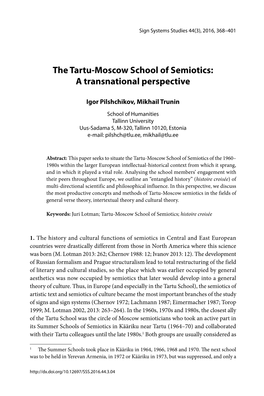 The Tartu-Moscow School of Semiotics: a Transnational Perspective