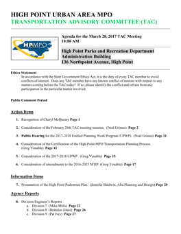 High Point Urban Area Mpo Transportation Advisory Committee (Tac)