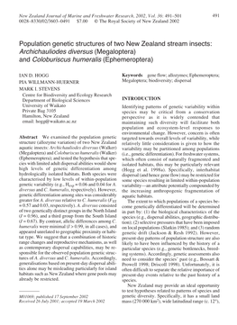 Population Genetic Structures of Two New Zealand Stream Insects: Archichauliodes Diversus (Megaloptera) and Coloburiscus Humeralis (Ephemeroptera)