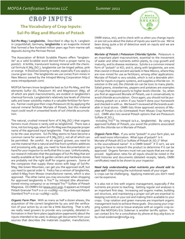 Crop Inputs the Vocabulary of Crop Inputs: Sul-Po-Mag and Muriate of Potash OMRI Status, Etc), and to Check with Us When You Change Inputs Sul-Po-Mag / Langbeinite