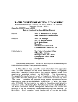 TAMIL NADU INFORMATION COMMISSION Kamadhenu Super Market First Floor, Old No.278, New No.373, Anna Salai, Teynampet, Chennai – 600018