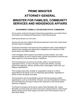 Prime Minister Attorney-General Minister for Families, Community Services and Indigenous Affairs