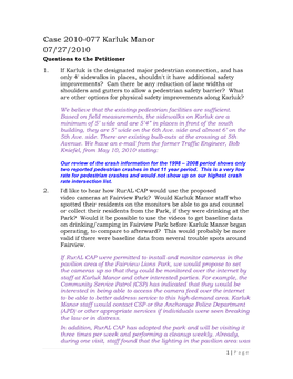 Case 2010-077 Karluk Manor 07/27/2010 Questions to the Petitioner