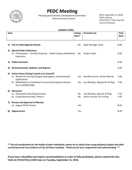 PEDC Meeting Planning and Economic Development Committee DATE: September 12, 2018 Ithaca Common Council TIME: 6:00 Pm LOCATION: 3Rd Floor City Hall