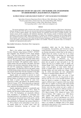 Preliminary Study of Aquatic and Marshland Angiosperms of Zhob District, Balochistan, Pakistan