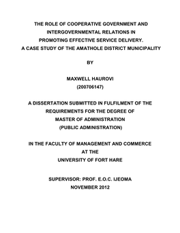 The Role of Cooperative Government and Intergovernmental Relations in Promoting Effective Service Delivery